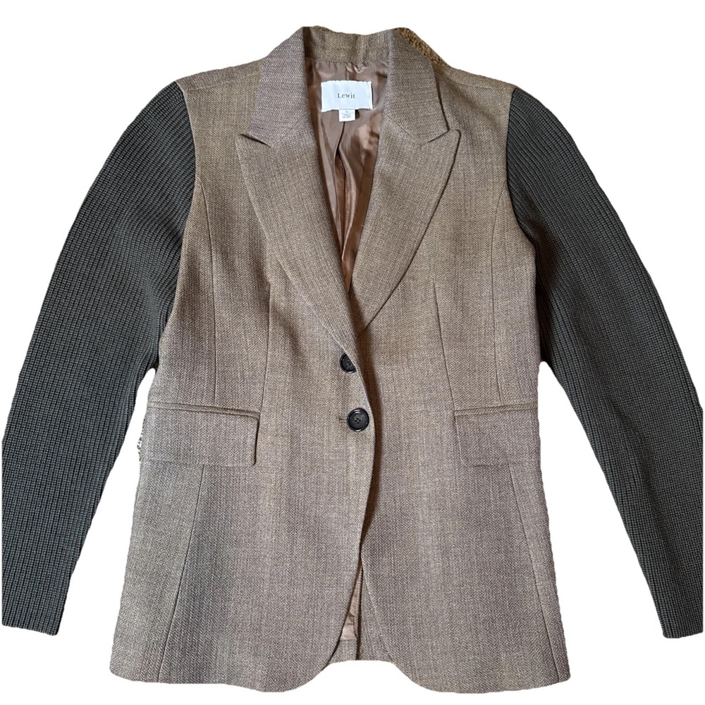 Lewit Women's Size 14 Wool Knit Sleeve Blazer Brown Olive Green Career Old Money